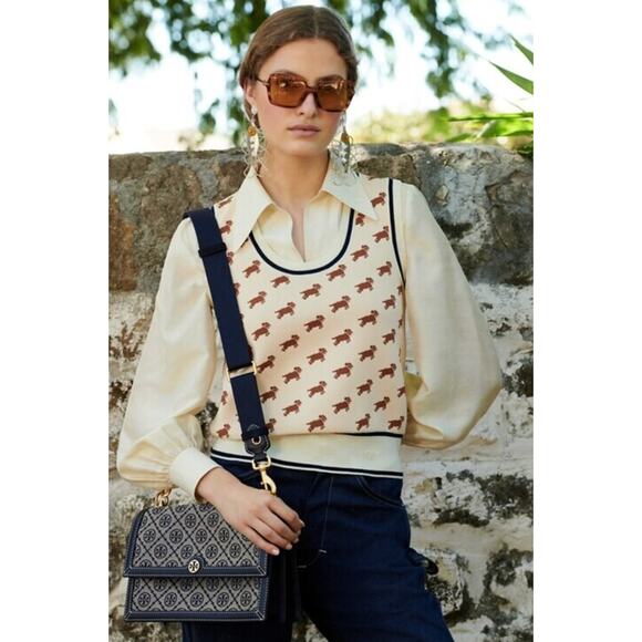Tory Burch Jacquard Sweater Vest Dog Intarsia size L large - Picture 2 of 7